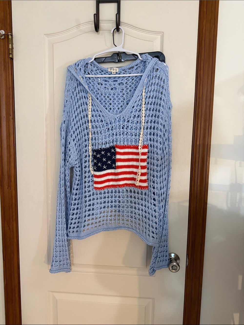 POL Light Blue Open-Knit Hooded Sweater with Flag Patch